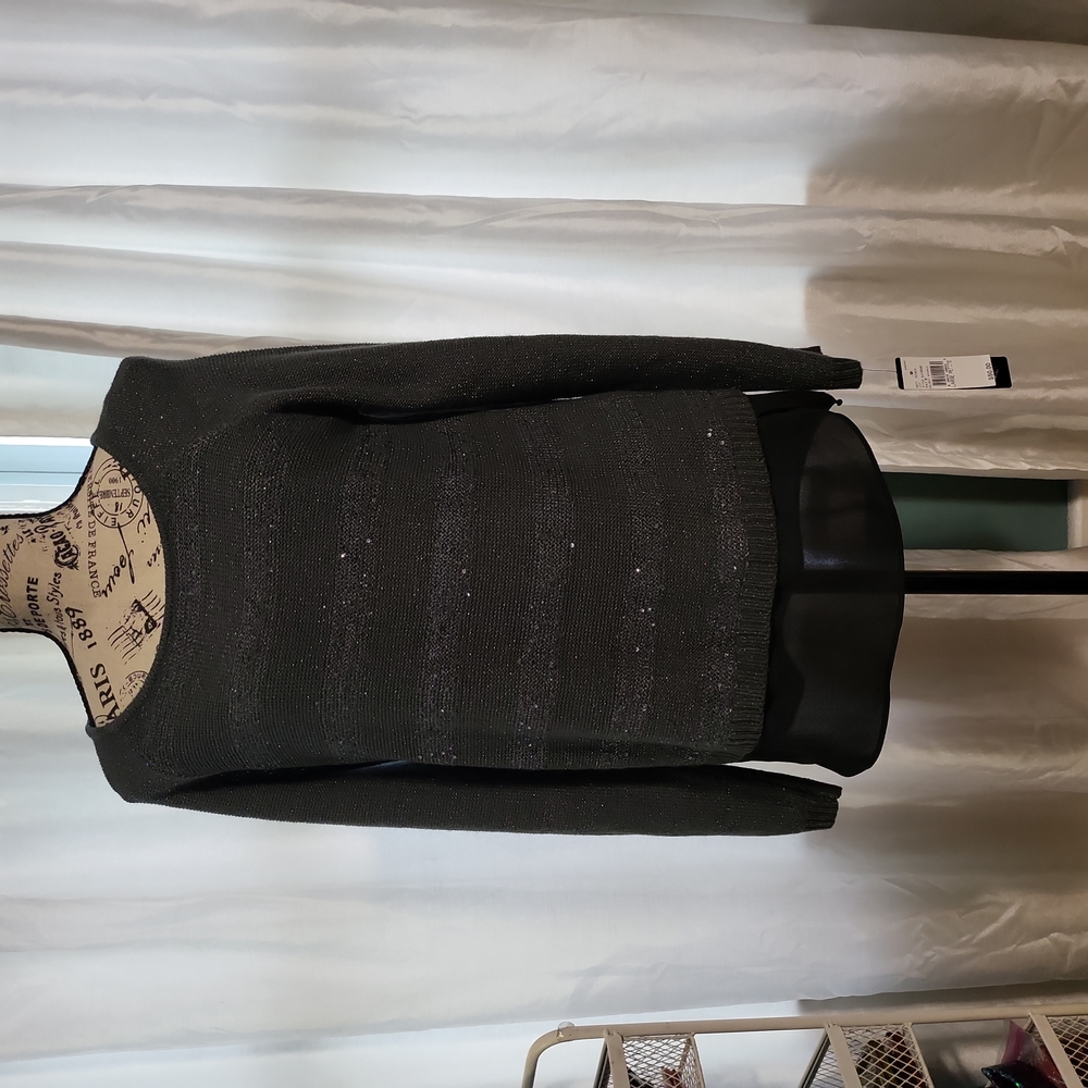 Gray Sparkle Sweater with a sheer bottom. SIZE Petite Large. NWT
